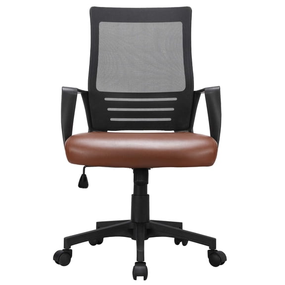 Mid Back Mesh Chair with Leather Seat, Executive Computer Task Chair with Armrests and Lumbar Support for Home Office Study, Brown