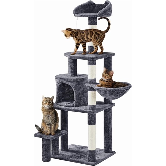 Erguoguo Cat Tree 57in, Multi Level Cat Tower with Basket & Condo & Scratching Post & Padded Perch & Extended Platform & Fur Ball