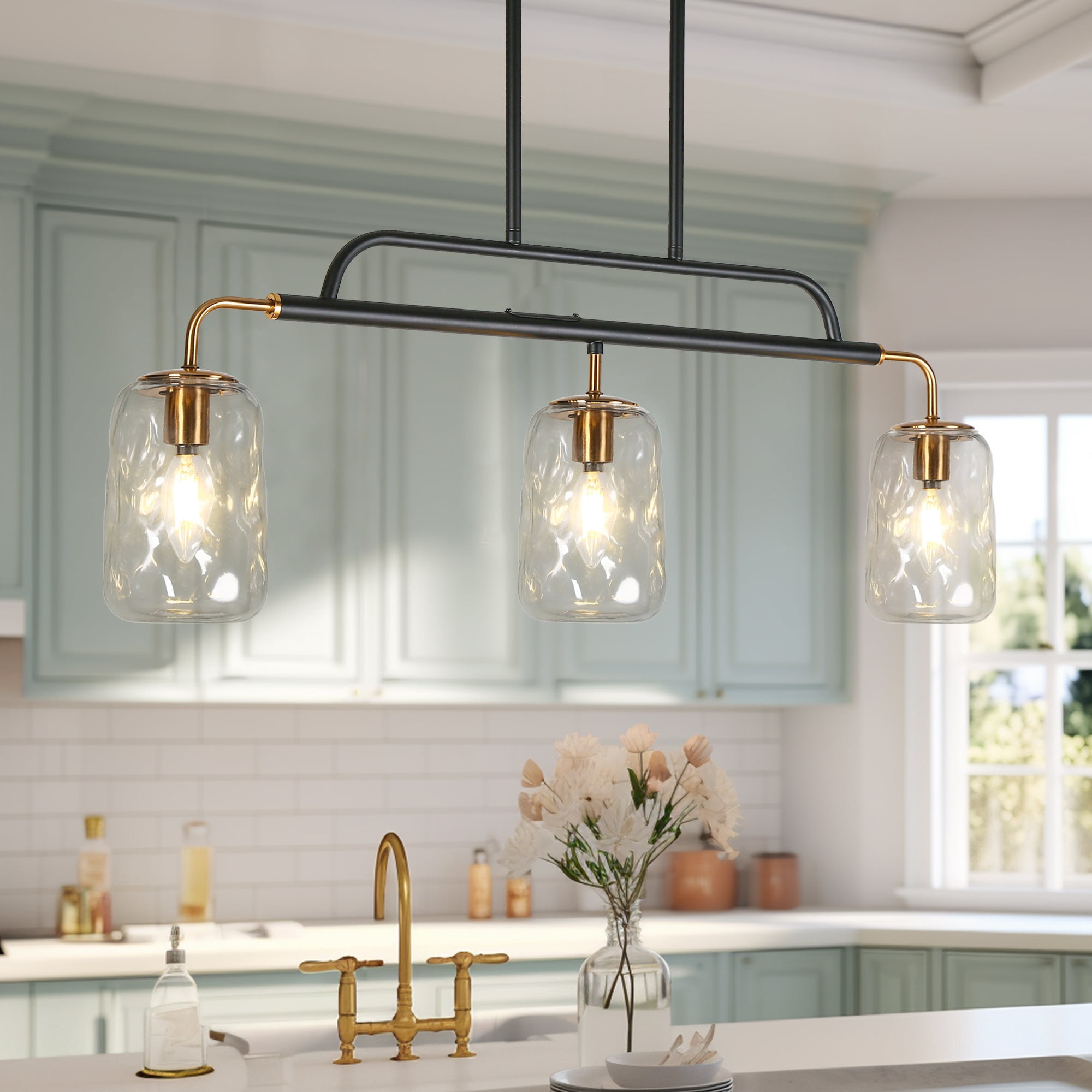 LNC Erharting 3-Light Modern Black and Gold Mason Jar Glass Linear Kitchen Island Light