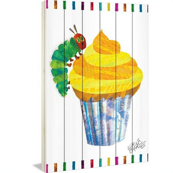 Eric Carle Caterpillar Cupcake Art Print on White Pine Wood