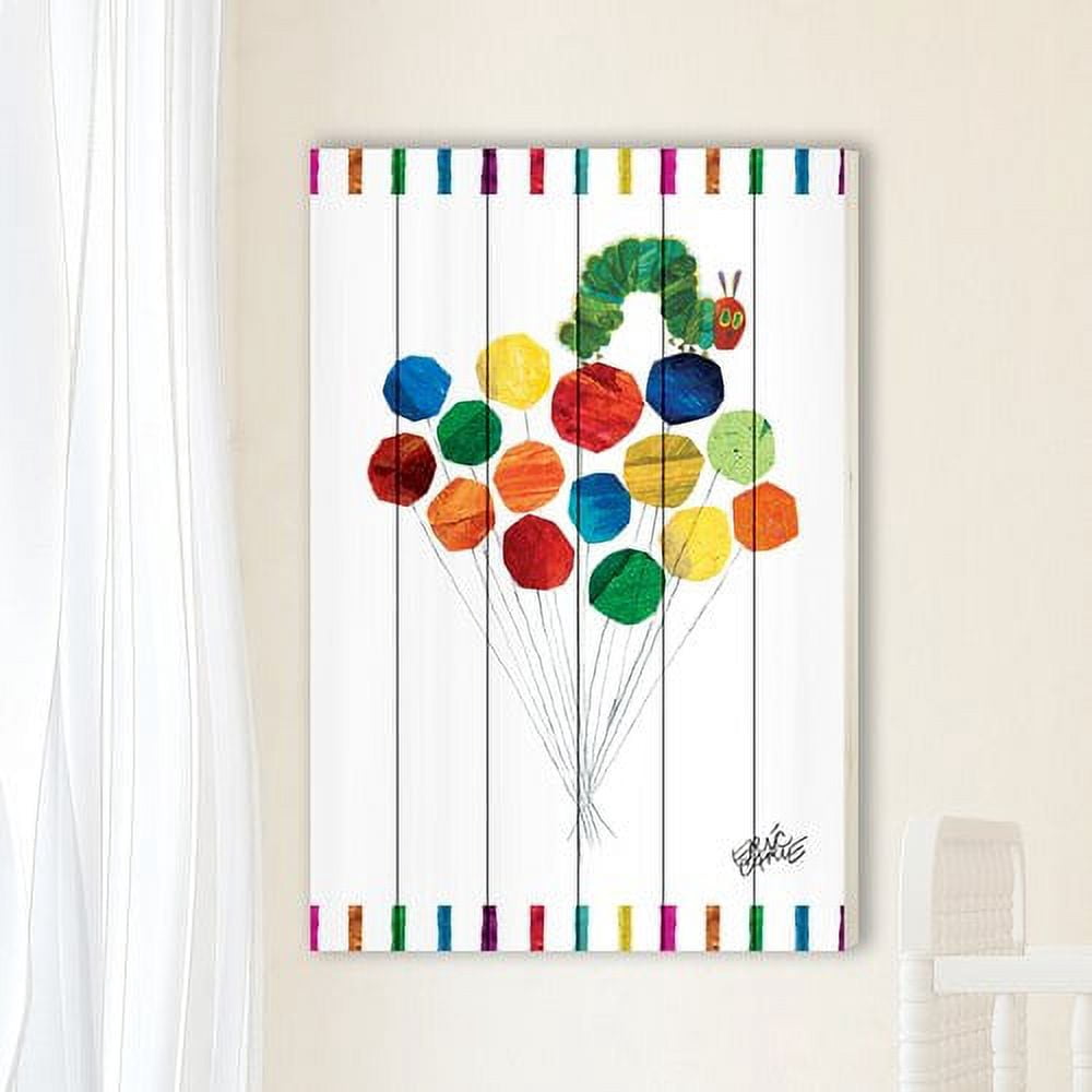 Eric Carle Caterpillar on Balloons Art Print on White Pine Wood