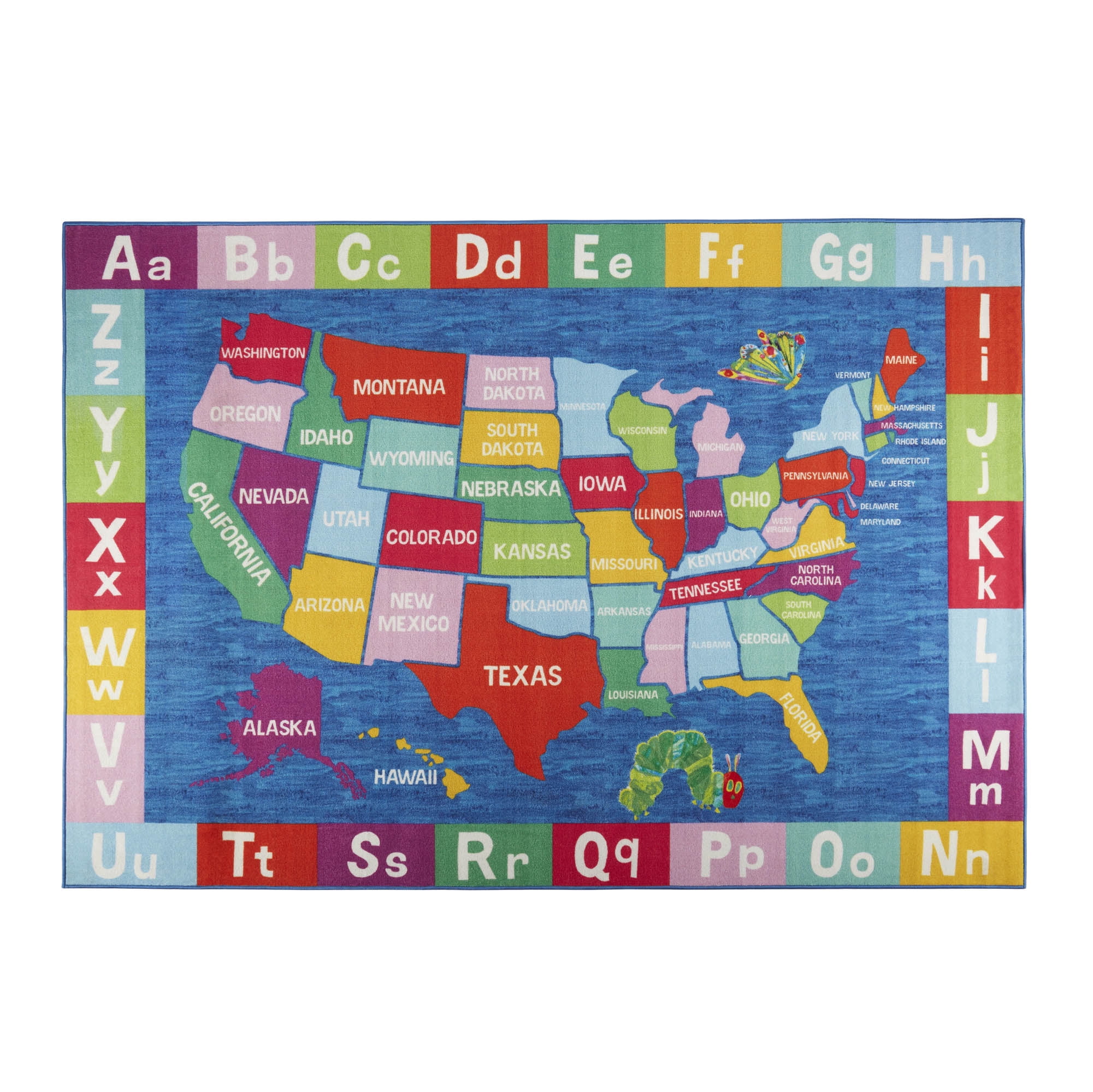 Eric Carle Blue USA Map Kids Washable Area Rug