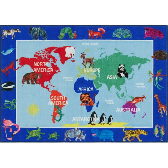 Eric Carle Elementary World Map Kids Area Rug Blue/Red, 6'6"x9'5" Rectangle