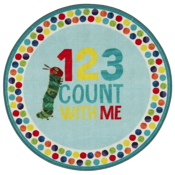 Eric Carle "The Very Hungry Caterpillar" Elementary 123 Count with Me Kids Machine Washable Area Rug, Blue/White, 35" Round