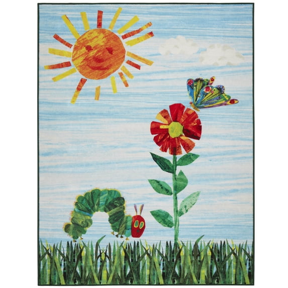 Eric Carle "The Very Hungry Caterpillar" Elementary Sun Scene Kids Machine Washable Area Rug, Blue/Green, 6'6"x9'5"