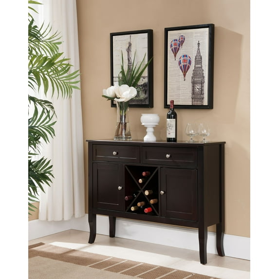 Eric Dark Cherry Wood Contemporary Wine Rack Buffet Display Console Table With Storage Drawers & Cabinet Doors