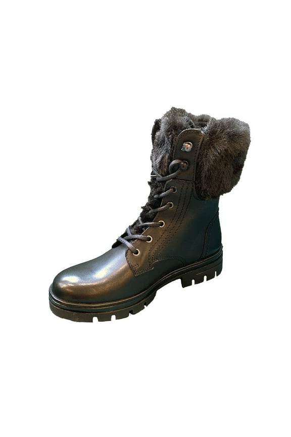 Gail Lace Up Boot Black Leather Fur Lined Winter Combat Boots (Black, 6)