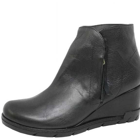 Eric Michael Margot Booties Black Leather Low Wedge Casual Comfort Ankle Booties (Black, 10)