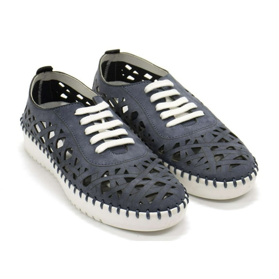 Eric Michael Women's Dolores Laser-Cut Leather Casual Sneaker, Denim Nubuk,5 M US