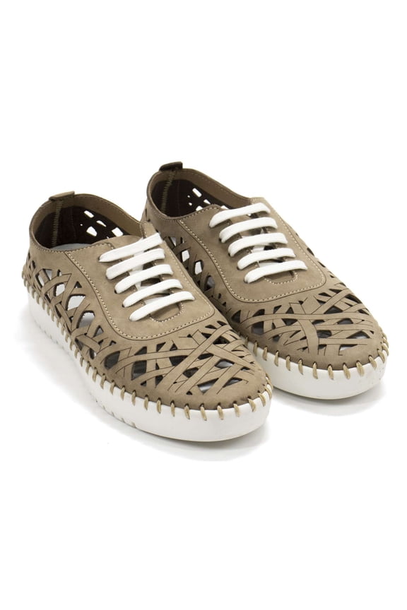 Women's Dolores Laser-Cut Leather Casual Sneaker, Safari Nubuk,6 M US