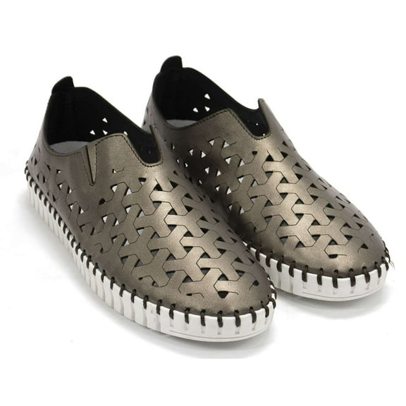 Eric Michael Women's Inez Leather Slip-On Flat Comfort Shoes, Pewter Metallic,11 M US