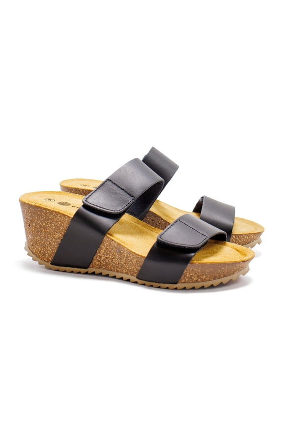 Women's Lily 2 Cork Wedge Heeled Sandal, Black Leather,7 M US