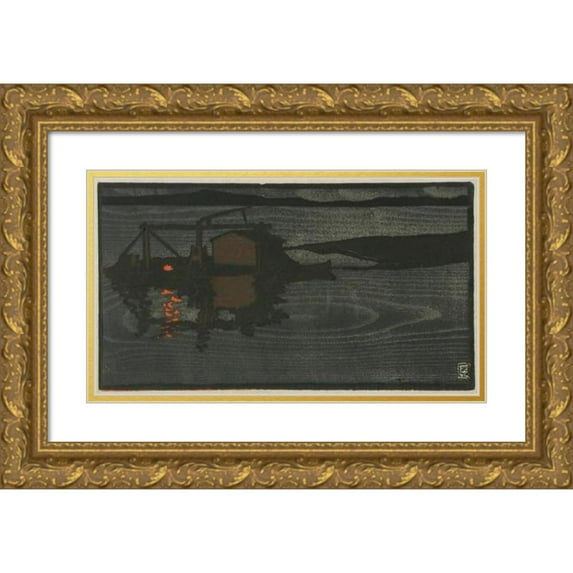 Eric O. W. Ehrström 14x10 Gold Ornate Wood Frame and Double Matted Museum Art Print Titled - Raft of Logs on a Lake at Night (1909)