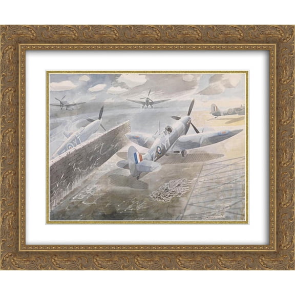 Eric Ravilious 2x Matted 24x20 Gold Ornate Framed Art Print 'Spitfires at Sawbridgeworth, Herts 1942'