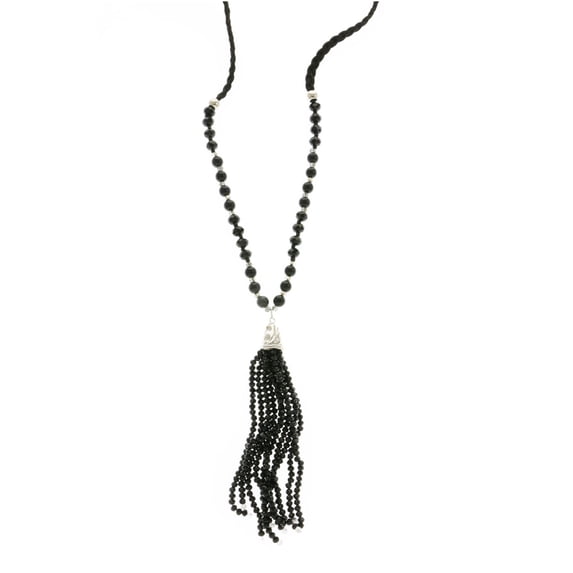 Erica Lyons Velvet Gift Bag Beaded Tassel Long-Necklace Black & Silver-Tone