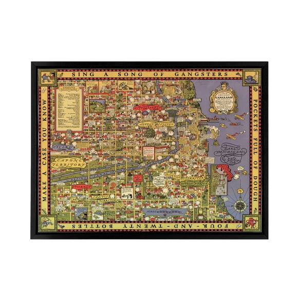 Erickson 1931 Map of Chicago Gangland Black Framed Canvas Wall Art Print 12X16"