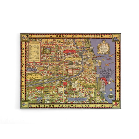 Erickson 1931 Map of Chicago Gangland Canvas Wall Art Print 18X24"