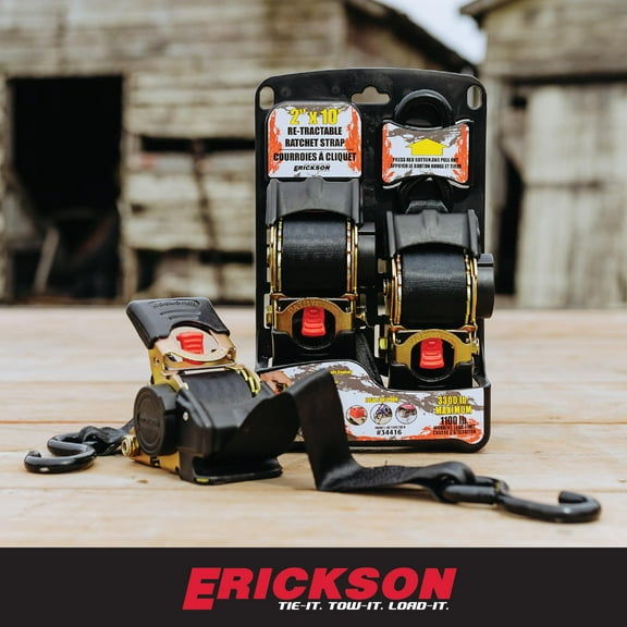 Erickson 2 Pk 2"X10' 3300 Lb Re-Tractable Ratchet Tie Downs Black