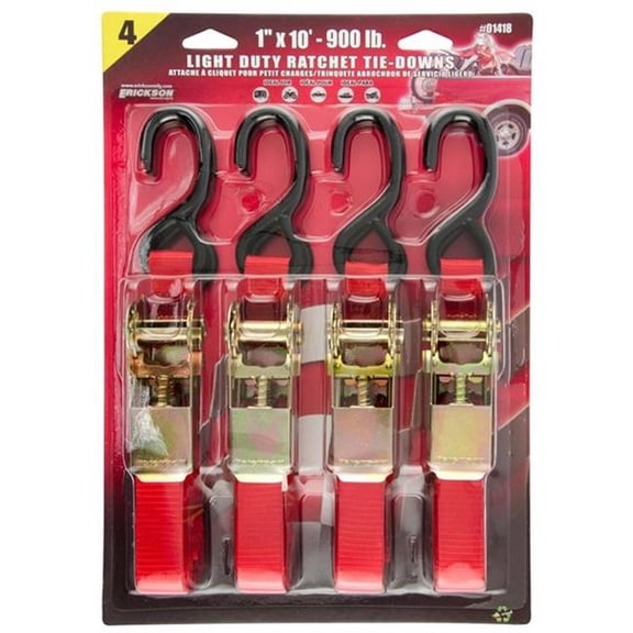 Erickson Manufacturing 01418 1 in. x 10 ft. 900 lbs Ratchet Tie Down Straps, Red - Pack of 4