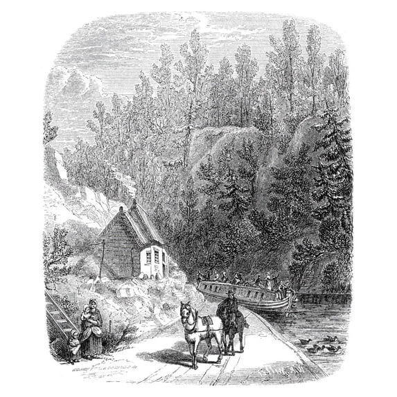 Erie Canal 19Th Century. Nthe Canal Scene At Little Falls New York About 73 Miles West From Albany. Wood Engraving