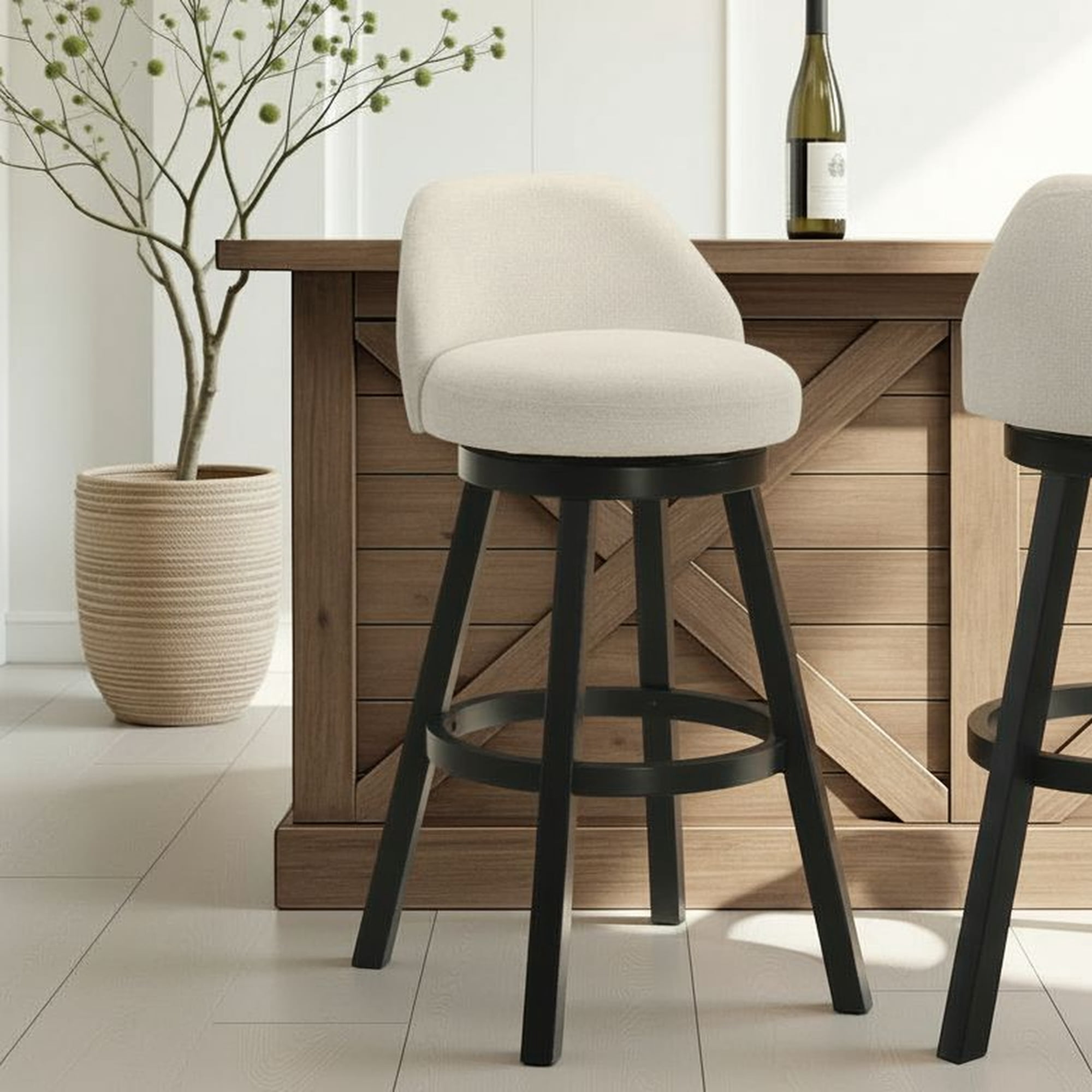 Erika Modern Transitional Swivel Wood Bar Height Kitchen Bar Stool in Black Finish with Cream Fabric Upholstered Seat - Set of 4