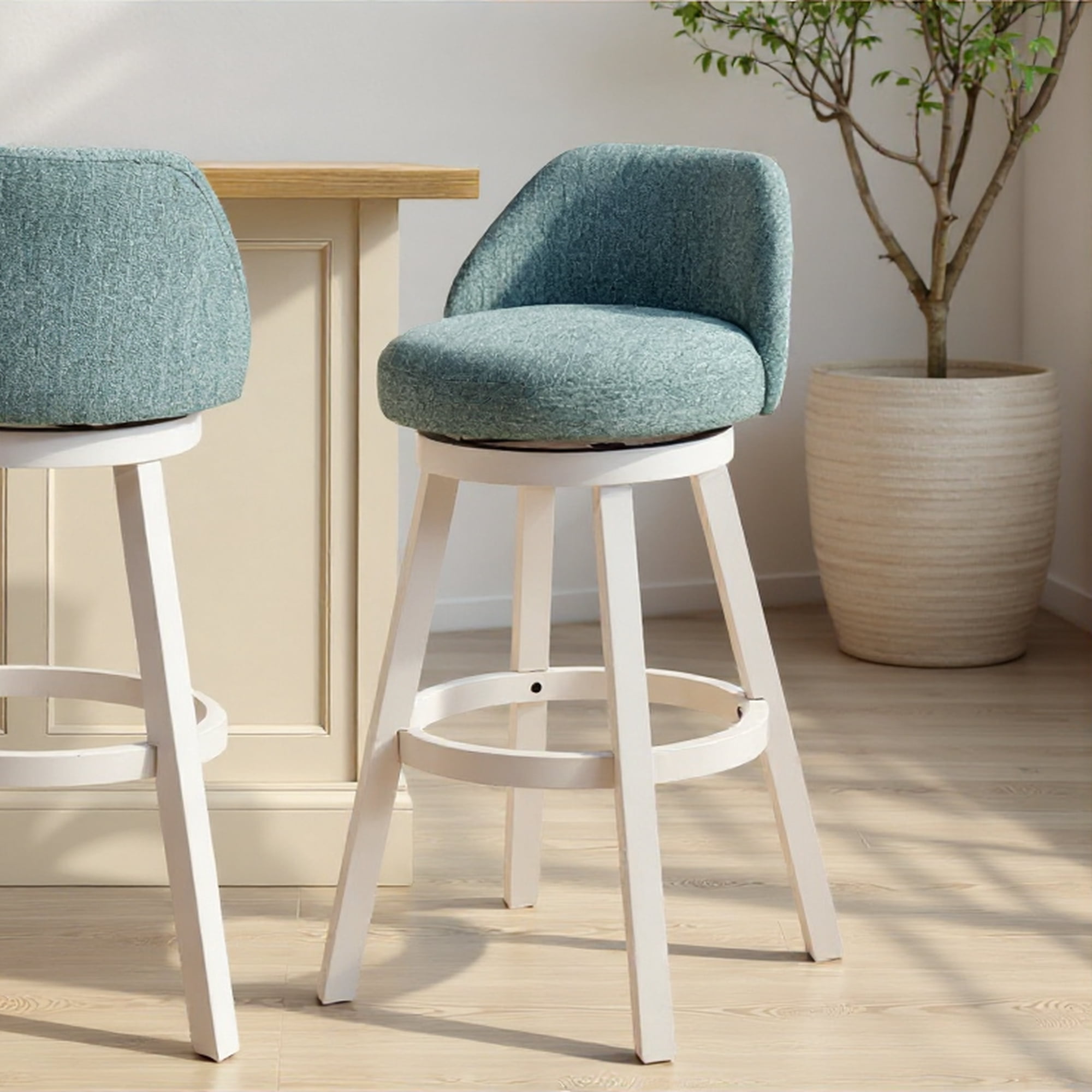 Erika Modern Transitional Swivel Wood Bar Height Kitchen Bar Stool in White Finish with Light Blue Fabric Upholstered Seat - Set of 2
