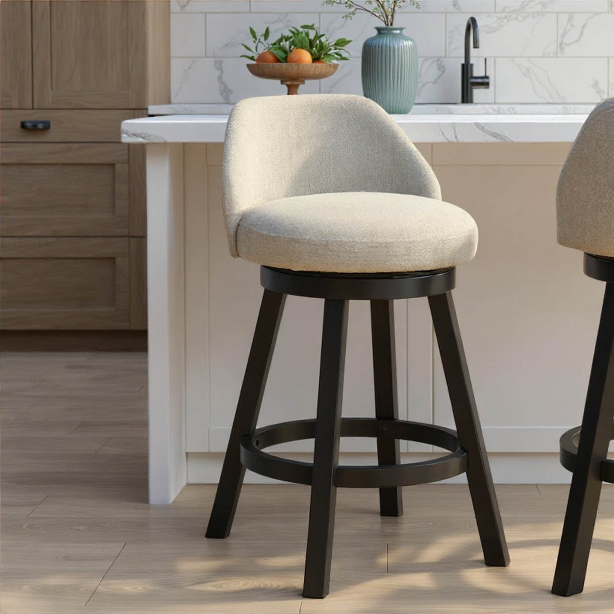 Erika Modern Transitional Swivel Wood Counter Height Kitchen Bar Stool in Black Finish with Cream Fabric Upholstered Seat - Set of 2
