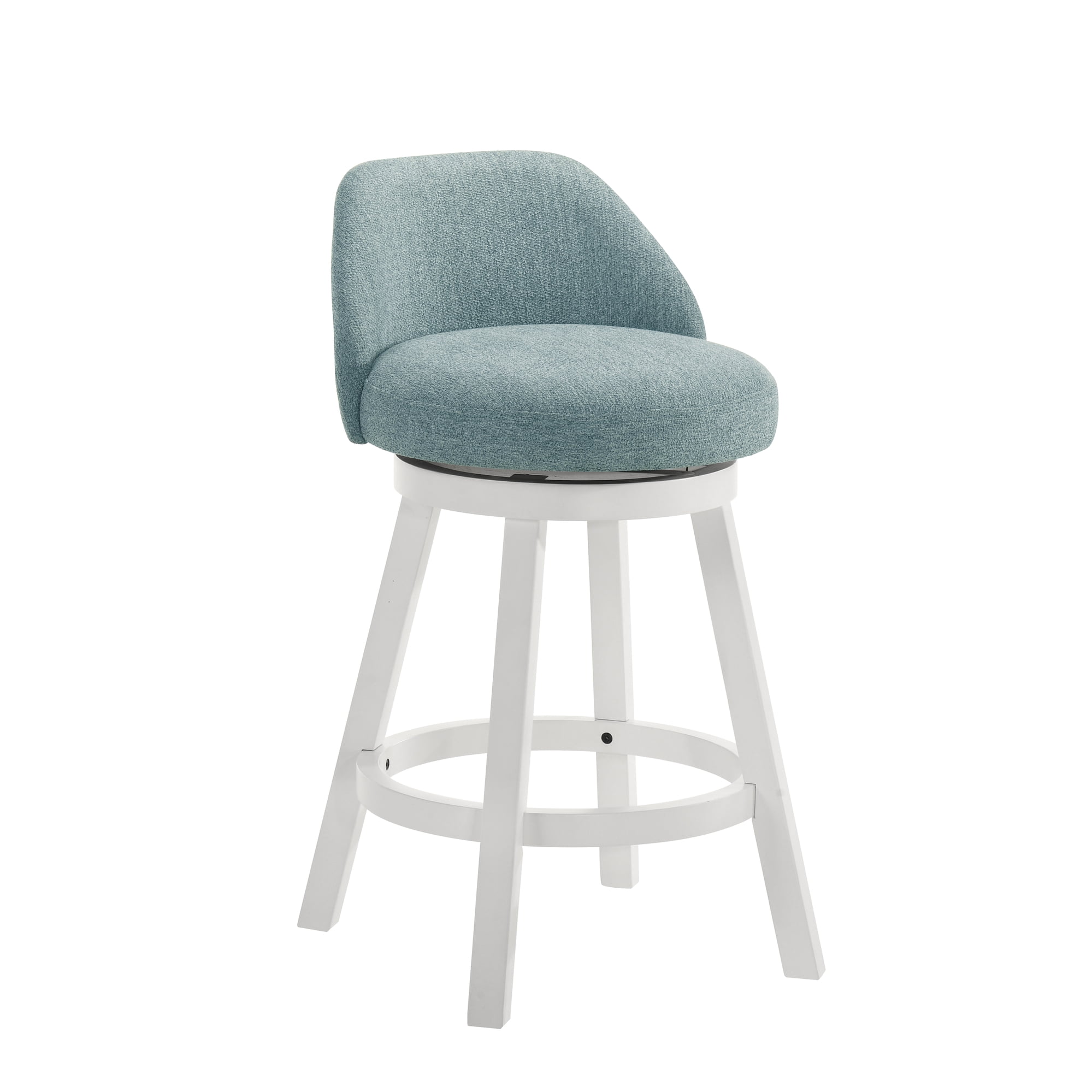 Erika Modern Transitional Swivel Wood Counter Height Kitchen Bar Stool in White Finish with Light Blue Fabric Upholstered Seat - Set of 2