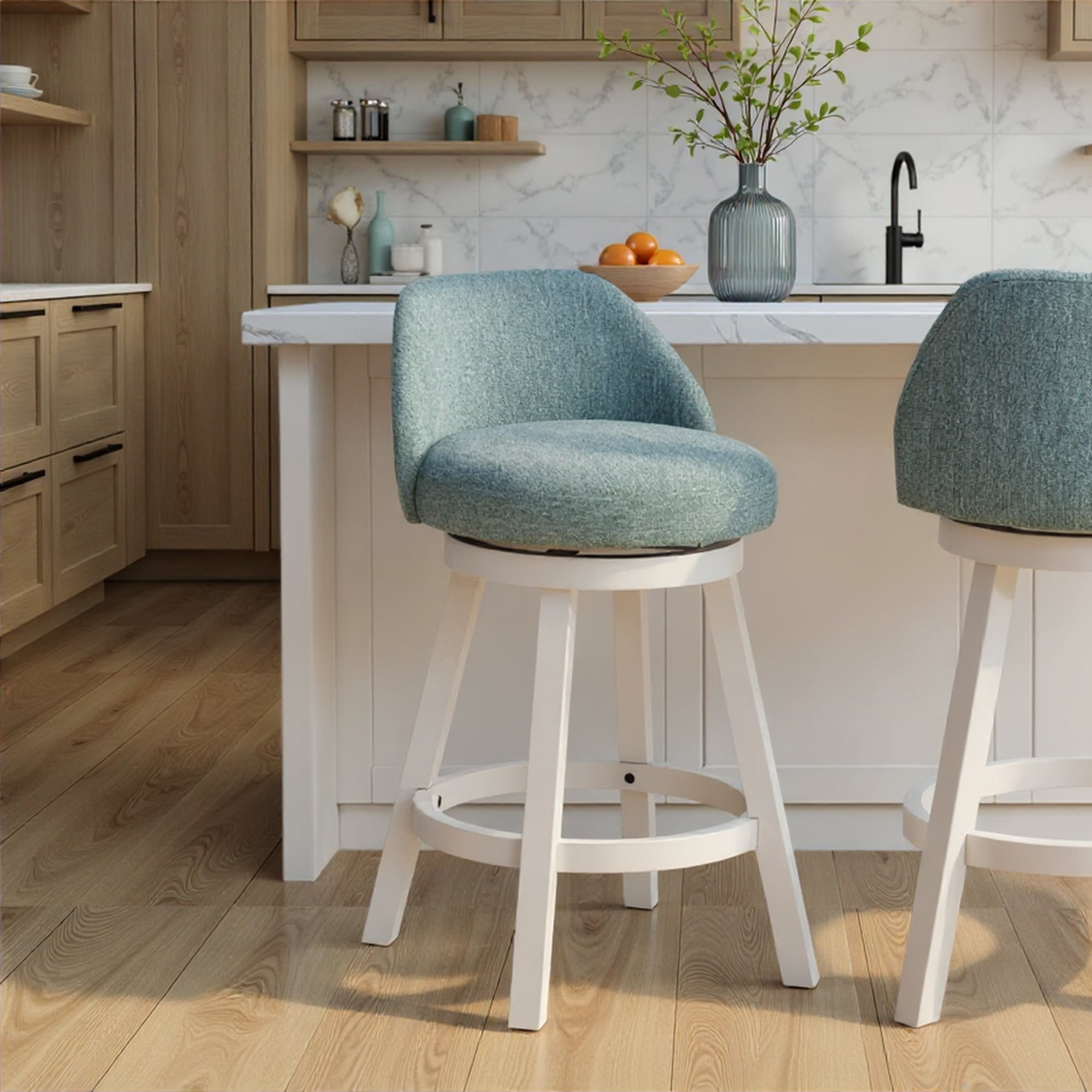 Erika Modern Transitional Swivel Wood Counter Height Kitchen Bar Stool in White Finish with Light Blue Fabric Upholstered Seat - Set of 3