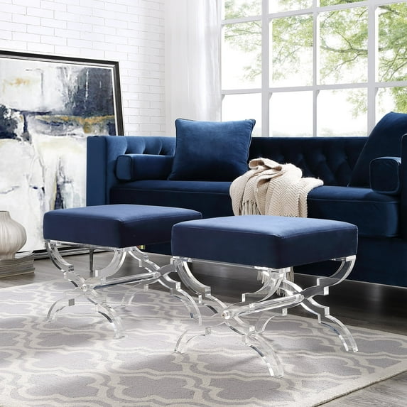 Inspired Home Nelly Velvet and Acrylic X-Leg Ottoman Stool, Navy