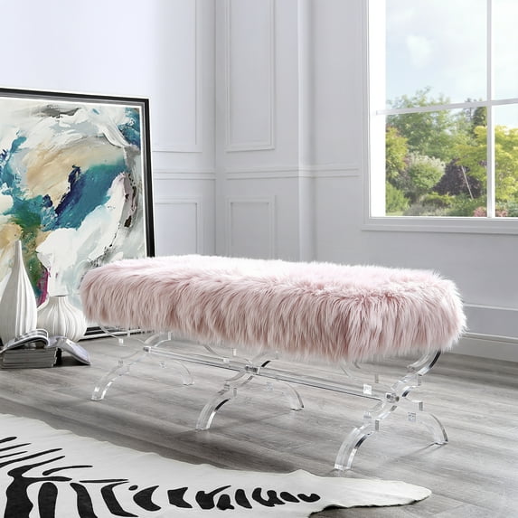 Erika Rose Faux Fur Bench - Acrylic X-Legs