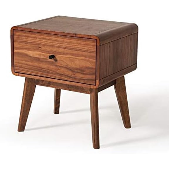 Erin Collection Mid-Century Style Bedroom Veneer Finished 1 Drawer Nightstand With Solid Rubberwood Legs, Walnut$$Home Decor, Kitchen, & Other