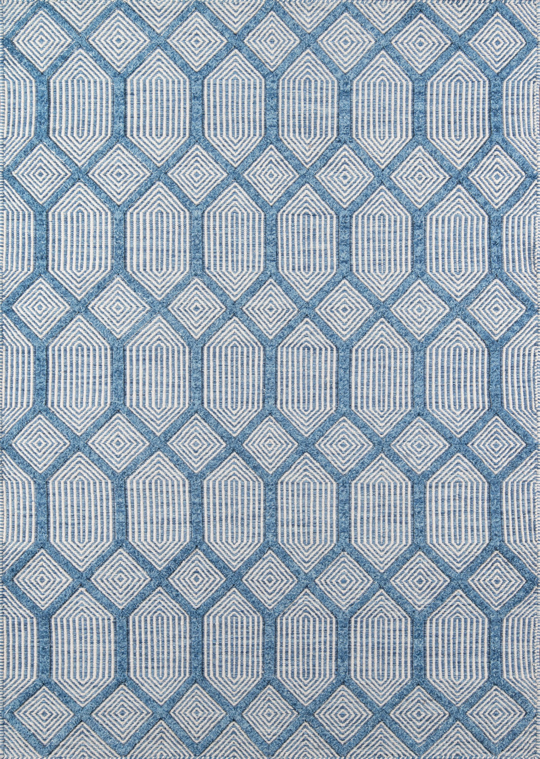 Langdon Blue Geometric Hand Woven Wool Area Rug 5' x 8'
