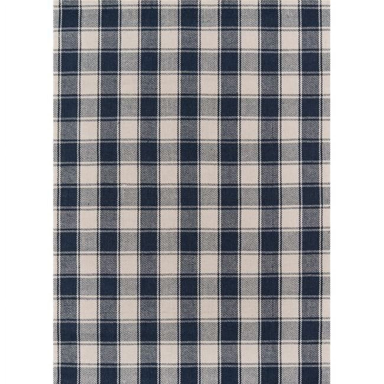 Navy and Ivory Plaid Wool Rectangular Area Rug