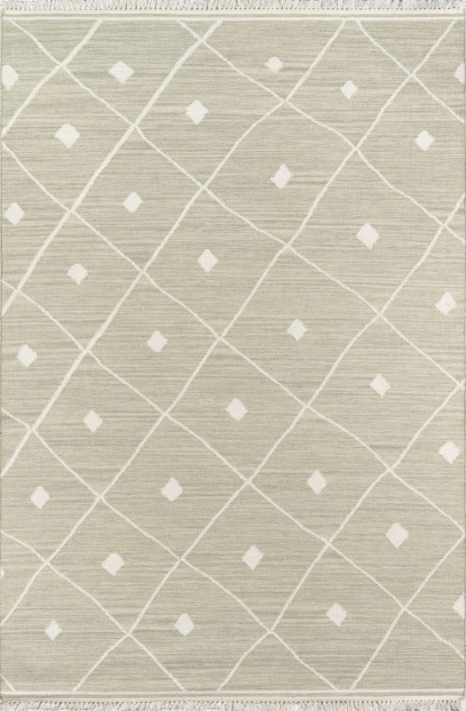 Sage Geometric Flat Woven Wool Area Rug with Fringe, 5' x 7'
