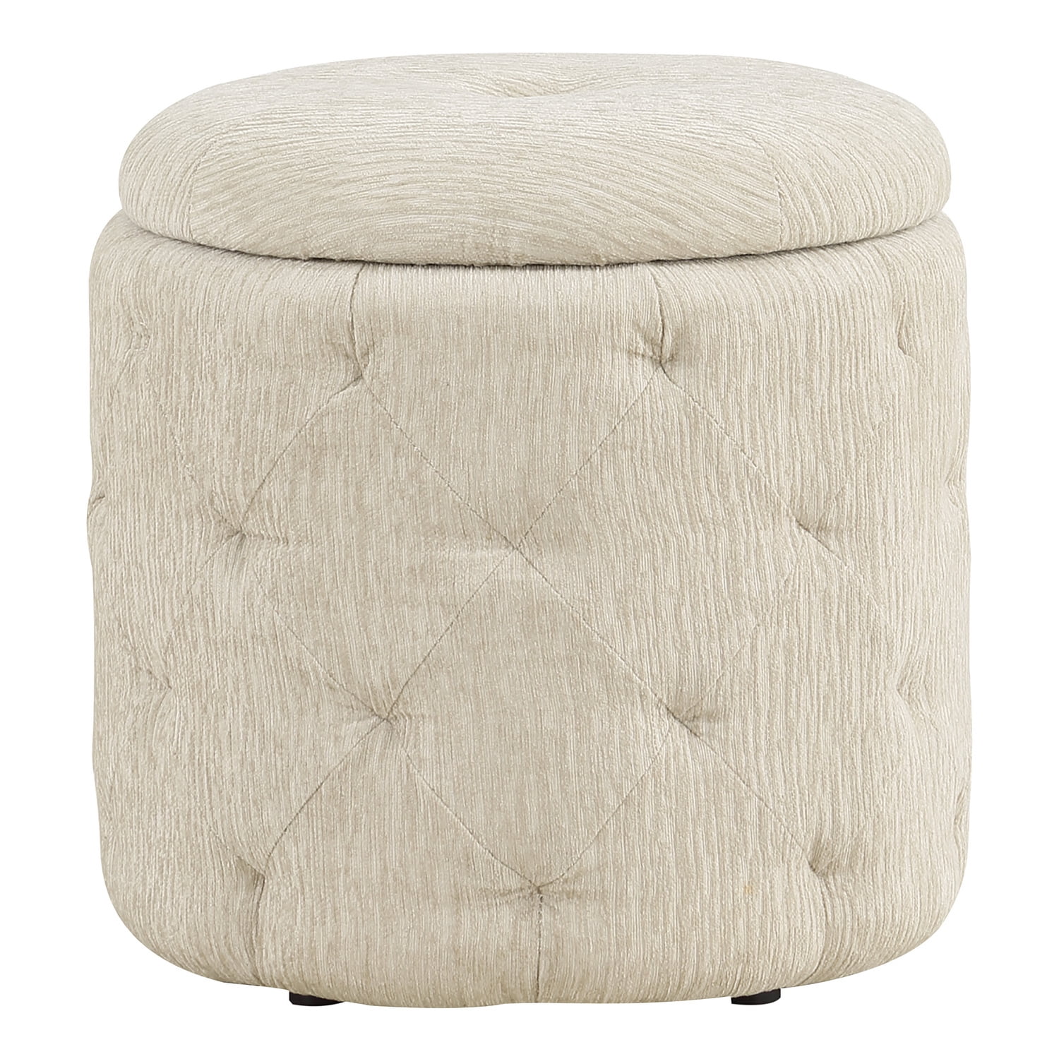 Cream Linen Tufted Round Storage Ottoman