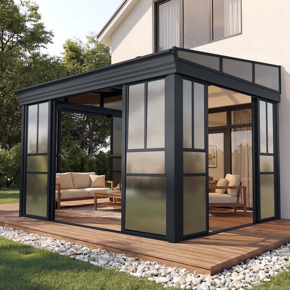 Erinnyees 10' x 12' Wall Mounted Sunroom Gazebo,All-Season Patio Gazebo Sunroom with Side Door,Outdoor Permanent Sunroom,Grey