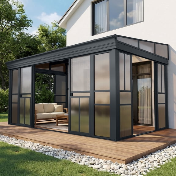 Erinnyees 10' x 16' Wall Mounted Sunroom Gazebo,All-Season Patio Gazebo Sunroom with Side Door,Outdoor Permanent Sunroom,Grey