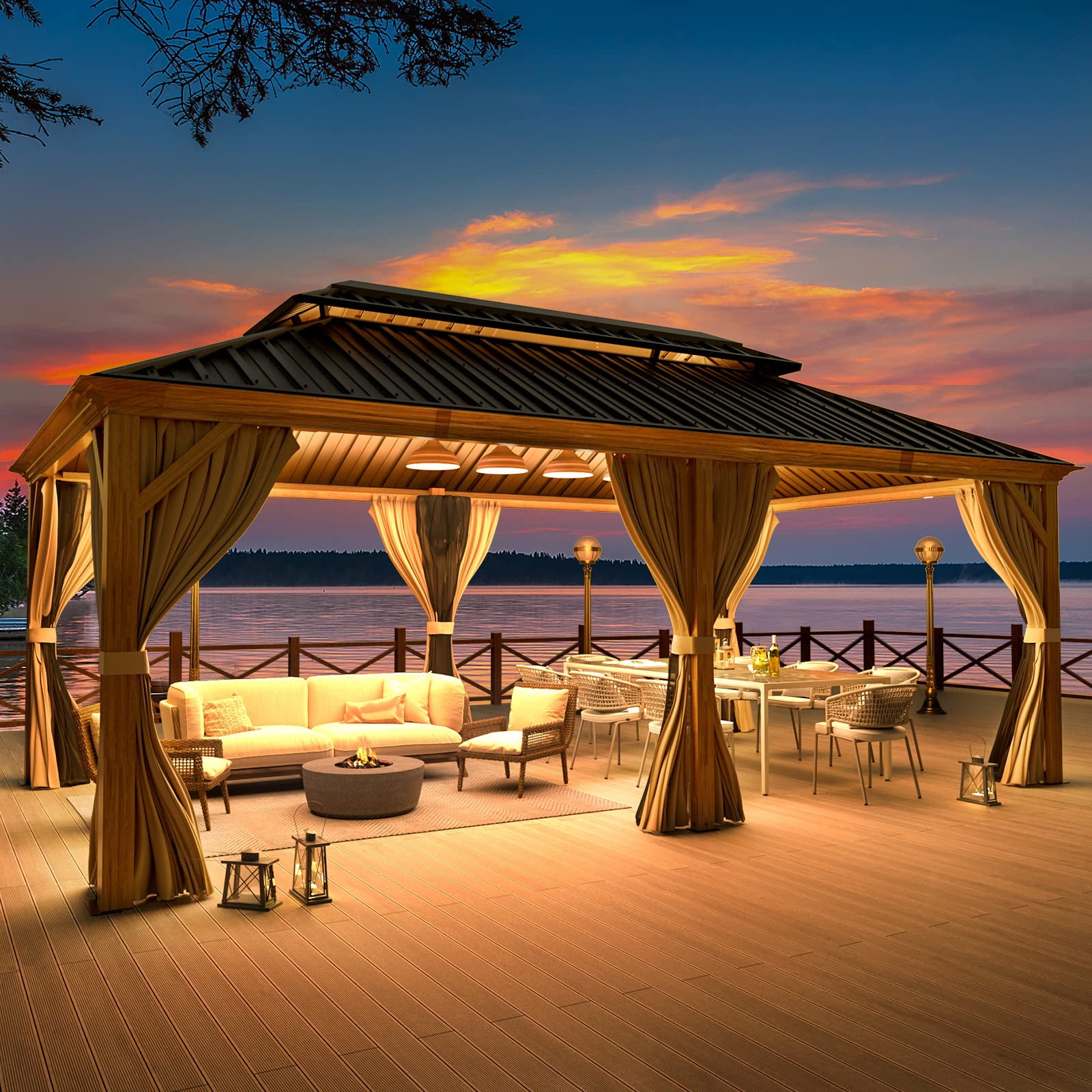 Richryce 12' x 20' Wood Finish Aluminum Hardtop Gazebo with Curtains