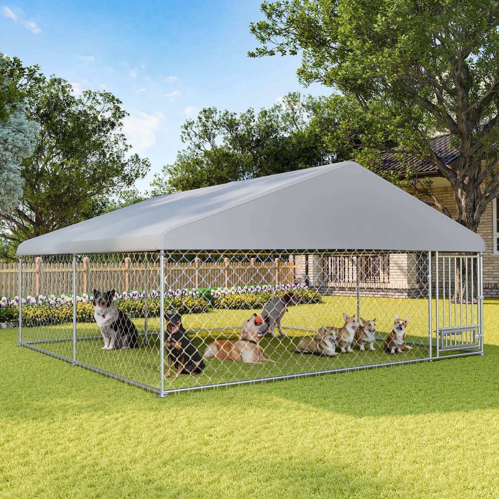 Erinnyees 13FT Outdoor Dog Kennel, Extra Large Dog House Pen Enclosure with Roof, Rotated Dog Bowls, Secure Lock, Wateproof Sunproof Cover