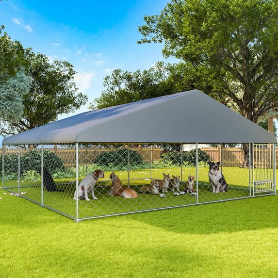 Erinnyees 15FT Outdoor Dog Kennel, Extra Large Dog House Pen Enclosure with Roof, Rotated Dog Bowls, Secure Lock, Wateproof Sunproof Cover