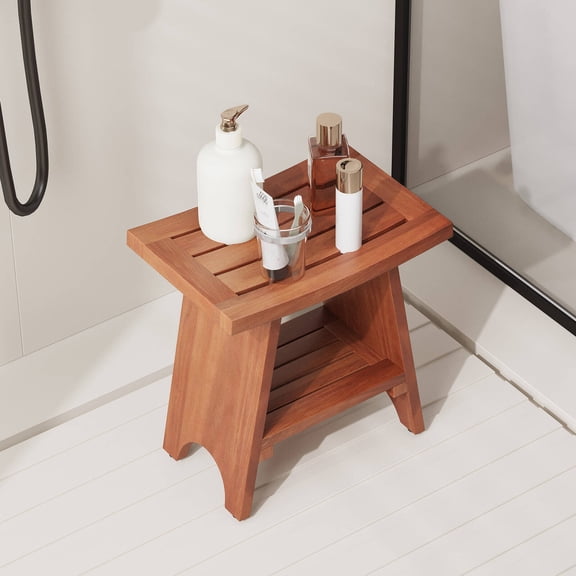 Erinnyees 18" Bamboo Shower Bench with Shelf, Waterproof Stool for Bath/Outdoor Use, Teak