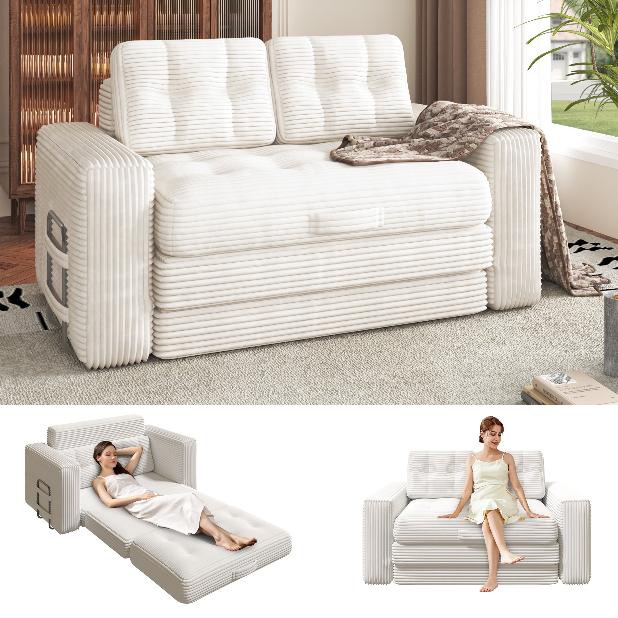 Erinnyees 2-in-1 Sleeper Sofa, No Assembly Corduroy Loveseat, Converts to Bed with Deep Seat & 2 Included Pillows