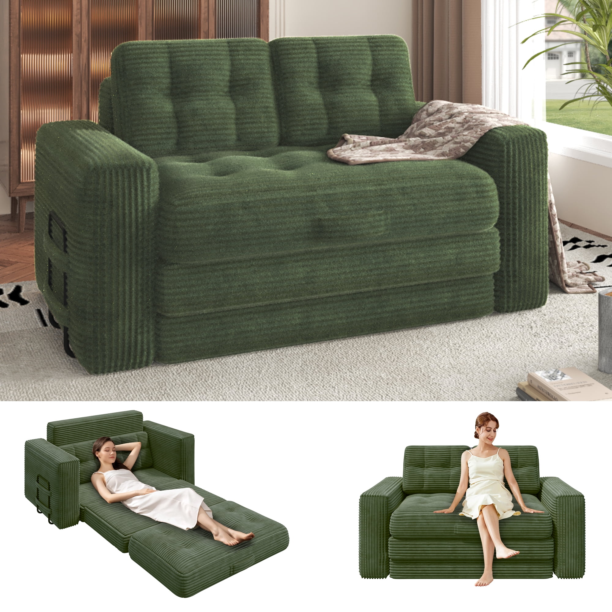Erinnyees 2-in-1 Sleeper Sofa, No Assembly Corduroy Loveseat, Converts to Bed with Deep Seat & 2 Included Pillows