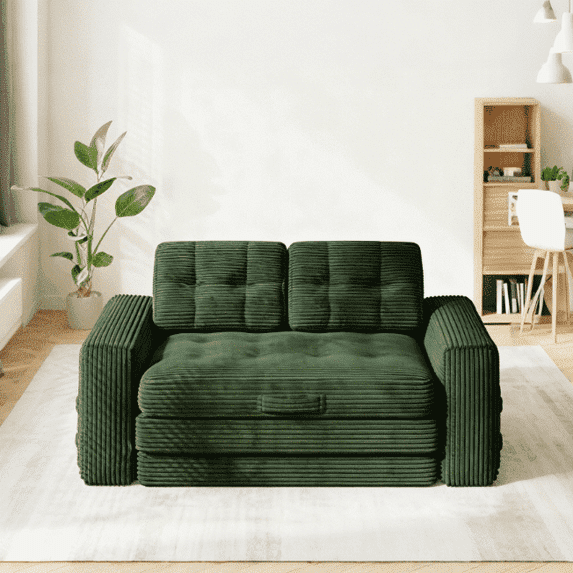 Erinnyees 2-in-1 Sleeper Sofa, No Assembly Corduroy Loveseat, Converts to Bed with Deep Seat & 2 Included Pillows