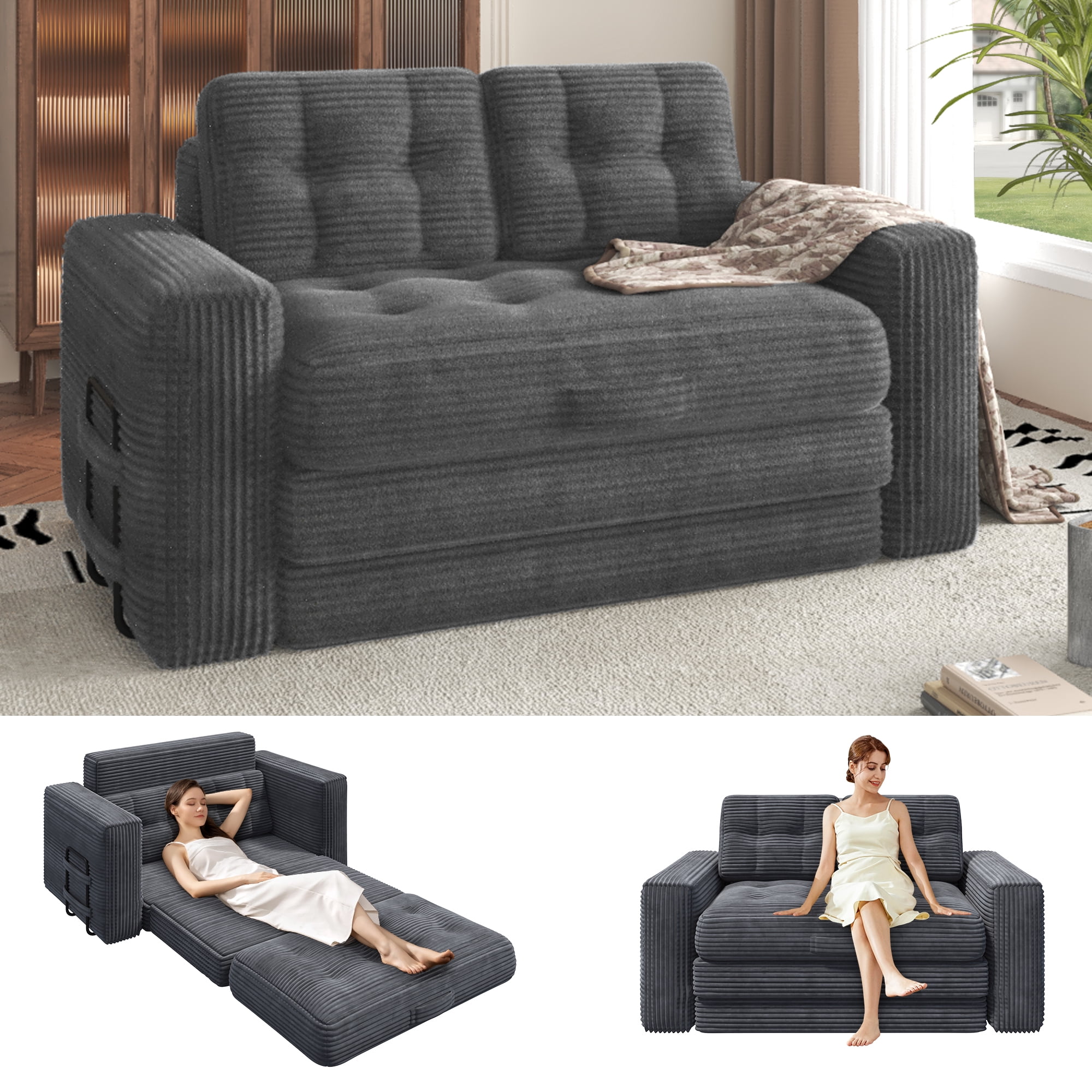 Erinnyees 2-in-1 Sleeper Sofa, No Assembly Corduroy Loveseat, Converts to Bed with Deep Seat & 2 Included Pillows