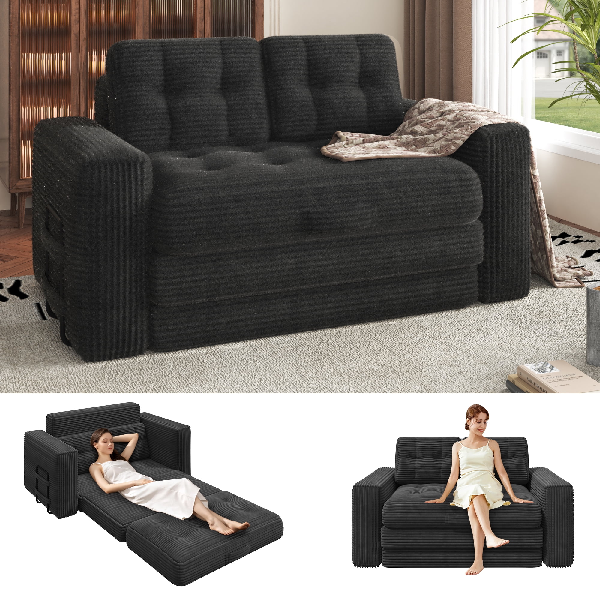 Erinnyees 2-in-1 Sleeper Sofa, No Assembly Corduroy Loveseat, Converts to Bed with Deep Seat & 2 Included Pillows