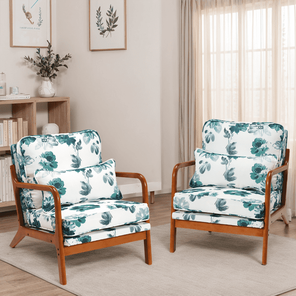 Erinnyees 2 piece Accent Chairs, Lounge Arm Chair, Ergonomic Lounge Chairs, with Soft Waist Cushion, for Living Room, Bedroom, Green Floral