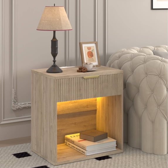 Erinnyees 23" Mid Century Nightstand, Oak Bedside Tables with Charging, Drawer & Fluted Design
