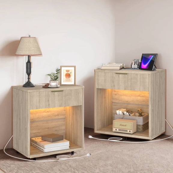 Erinnyees 23" Mid Century Nightstand Set of 2, Oak Bedside Tables with Charging, Drawer & Fluted Design